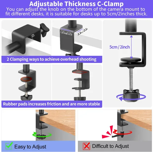 Vista 6 de Soporte para cámara web de montaje de escritorio para cámara web con cabezal de bola de 360°, soporte de luz de mesa ajustable de 14 a 33 pulgadas