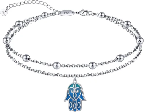 Vista 6 de CHIC & ARTSY Tobilleras delicadas de plata de ley S925 para verano, pulsera de tobillo ajustable multicapa para playa, joyería de pie para mujer