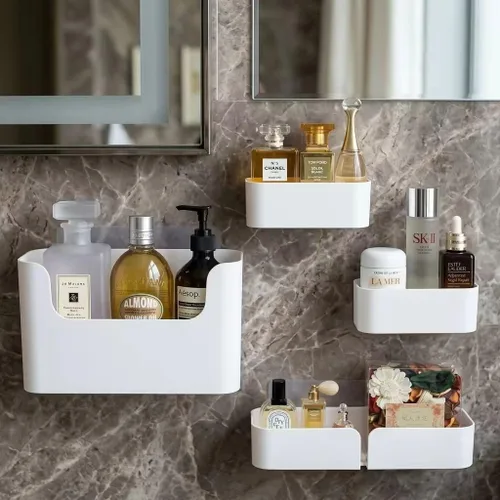 Vista 2 de Estantes adhesivos para montar en la pared, juego de 4 cubos de almacenamiento duraderos de plástico ABS para colgar, color blanco, excelente