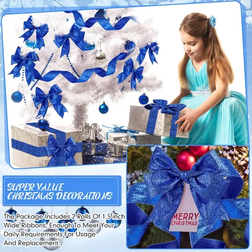 Vista 4 de 2 Rollos 20 Yardas Cinta de Navidad con Alambre Cinta Gruesa con Purpurina Cinta Metálica con Alambre para Envolver Regalos Cinta de Árbol