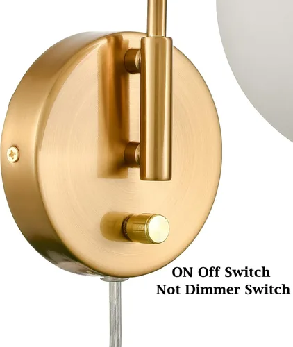 Vista 7 de Lámpara de pared moderna de mediados de siglo con interruptor, lámpara de pared dorada con acabado de latón, lámpara de pared con globo de vidrio