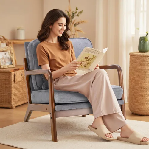 Vista 3 de DUMOS Juego de 2 sillas modernas de mediados de siglo, sillas decorativas con brazos y cojín de cintura, sillas de lectura para adultos, silla