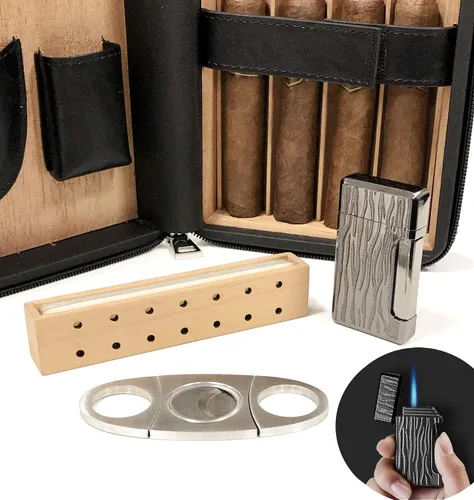 Vista 4 de Prestige Import Group - El Manhattan Ostrich Motif Leather Travel Humidor Cigar Case w/encendedor, cortador y humidificador con cierre de cremallera