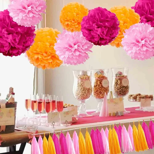 Vista 3 de GAKA Pompones de papel de seda rosa intenso (rojo rosa), rosa y naranja, decoraciones para fiestas, flores de seda colgantes de 10 y 12 pulgadas, 12