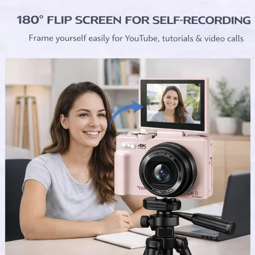 Vista 5 de Acuvar Kit de cámara digital 4K 64MP para fotografía, vlogging para YouTube con pantalla abatible, WiFi, lente gran angular, filtros, 2 tarjetas