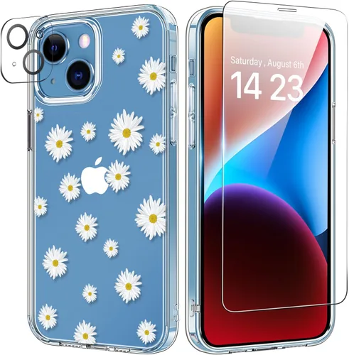 Vista 33 de bicol Funda para iPhone 14 Plus con Protector de Pantalla y Lente de Cámara - Diseños Florales de Moda para Mujeres y Niñas - Funda Transparente