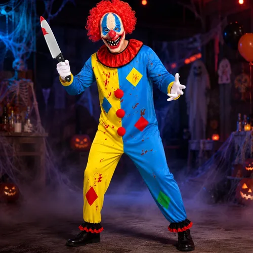 Vista 6 de Disfraz de payaso aterrador para adulto, 4 piezas, overol asesino máscara Multicolor