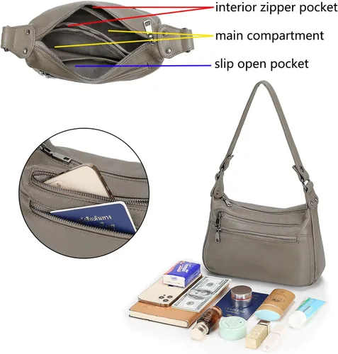 Vista 4 de YALUXE Bolso de hombro de cuero genuino, tamaño mediano, con múltiples bolsillos con cremallera, bolsos cruzados para mujer, color negro