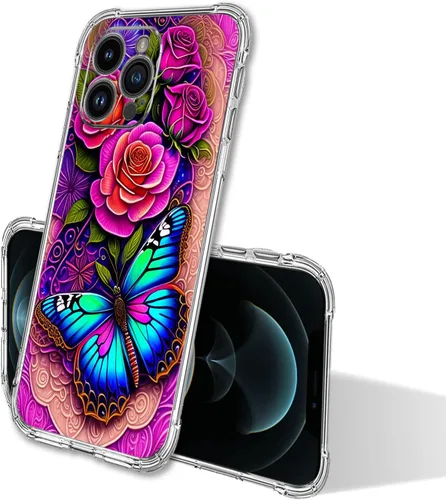 Vista 2 de Funda para iPhone 12 Pro Max, protección contra caídas de flores de mariposa azul, rosa, a prueba de golpes, carcasa protectora de cuerpo completo