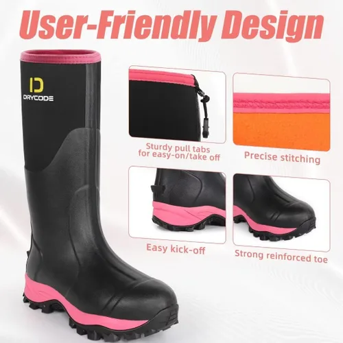Vista 6 de D DRYCODE Botas de goma para mujer con vástago de acero, botas de lluvia cálidas de neopreno de 0.236 pulgadas (0.236 in), botas de lluvia cálidas e