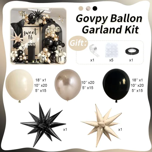 Vista 2 de Kit de guirnalda de globos negro, blanco y dorado, 115 piezas de arco de globos beige arena negro crema oro metálico con globos de papel de aluminio