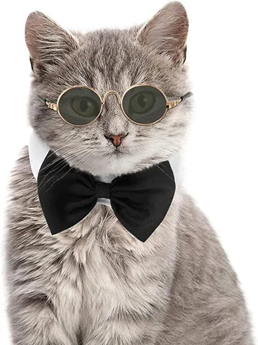 Vista 3 de HUYADAPI Pajarita para mascotas, ajustable, formal, corbata para el cuello y disfraz de la compañía de disfraces, sombrero de copa para gatos
