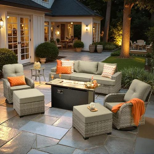 Vista 68 de HOOOWOOO Juego de muebles seccionales de patio con mesa de luz solar, 6 piezas de mimbre para exteriores, sofá en forma de L, juego de conversación