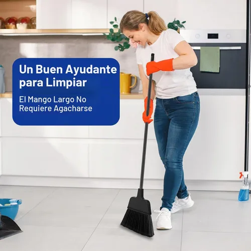 Vista 5 de 8 escobas para exteriores para limpieza de suelos de 54 pulgadas, escoba comercial resistente, mango largo, escobas angulares para barredora Negro