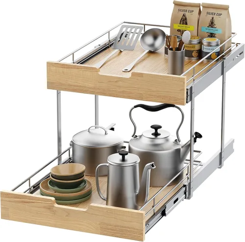Vista 11 de Sikarou Organizador de gabinete extraíble, estante deslizante resistente, cesta de madera y alambre, cajón extraíble para cocina debajo