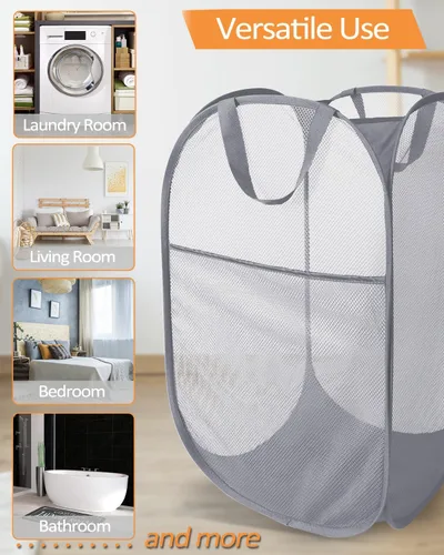 Vista 7 de Cestas de lavandería plegables duraderas, cesta de lavandería plegable con bolsillo lateral, cestas de ropa resistentes a desgarros para baño Gris