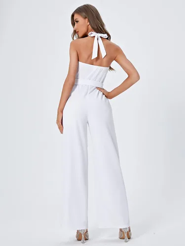Vista 2 de WDIRARA Enterizo elegante sin mangas para mujer, sin mangas, con cintura alta, cinturón y pierna ancha, con espalda descubierta, elegante