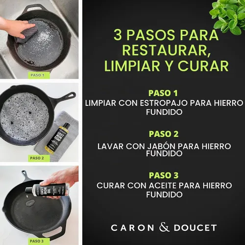 Vista 6 de CARON & DOUCET – Juego Ultimate de Hierro Fundido PLUS: Aceite para Sazonar, Jabón de Limpieza y Exfoliante Restaurador 100% a Base de Plantas y 2