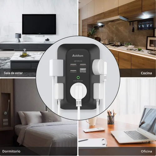 Vista 7 de Cargador de pared USB protector contra sobretensiones - Addtam extensor con 5 tomas de corriente y 4 puertos USB (1 puerto USB C), tira