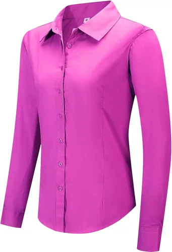 Vista 9 de Blusa de trabajo con botones para mujer, de algodón elástico, manga larga, ajuste delgado
