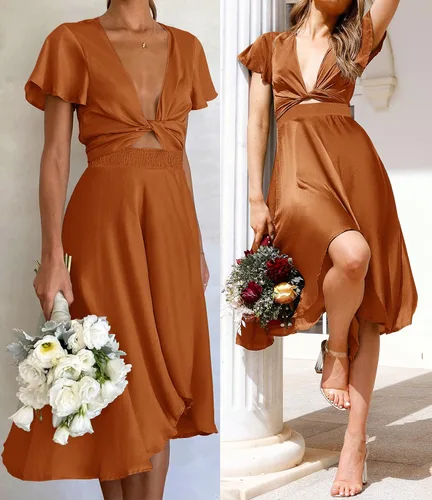 Vista 9 de ZESICA Vestido de fiesta de cóctel para mujer, sexy, de satén, cuello en V, manga corta, con volantes en la parte delantera, acampanado, con vuelo