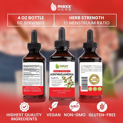 Vista 5 de Maxx Herb Extracto de Ashwagandha: la tintura líquida de máxima fuerza se absorbe mejor que las cápsulas o el polvo, para resistencia, memoria