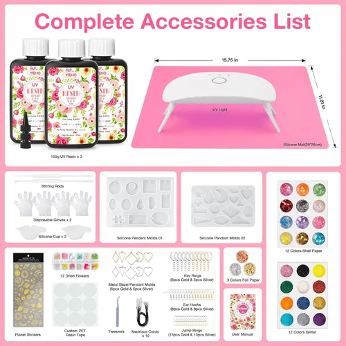 Vista 2 de YIEHO Kit de resina UV de 10.58 oz con luz y moldes, kit de fabricación de joyas de resina premezclada endurecida transparente mejorada