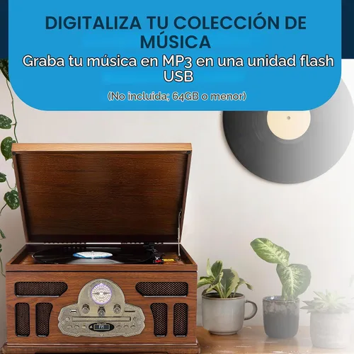 Vista 5 de SoundBeast Tocadiscos todo en uno con reproductor de discos de 3 velocidades, Bluetooth, CD, cinta de casete, radio AM/FM, USB, bocinas integradas