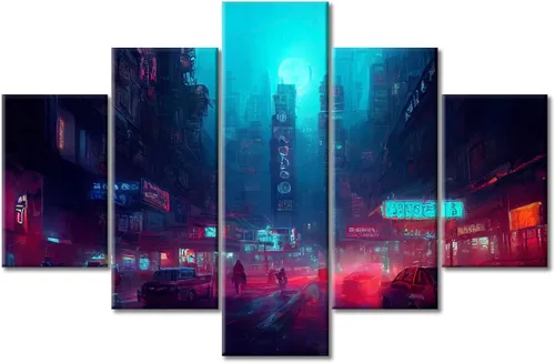 Vista 169 de Cuadros de 5 paneles de Cyberpunk City, arte de pared, representación de vallas publicitarias, edificios modernos en la capital con obras de arte