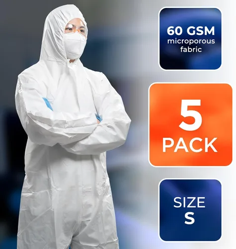 Vista 2 de EZGOODZ Overol desechable con capucha y botas, 2.16 oz/m², color blanco, pequeño, paquete de 5, cremallera frontal, muñecas elásticas y espalda