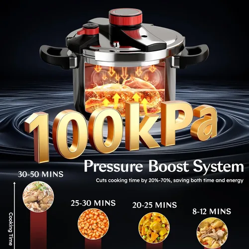 Vista 6 de BreeRainz 304 Olla a presión de acero inoxidable 8.45QT 3-Stage PSI Settings,One-Hand Locking,Pressure Pot with Extra Glass Lid, Timer,Steaming