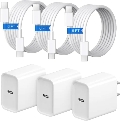 Vista 8 de Cargador de carga rápida para iPhone 17, 16, 15, paquete de 3+3 cargadores de pared USB C de 20 W con cable de carga rápida de 6 pies compatible