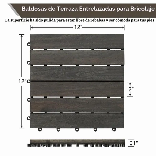 Vista 2 de PrimeZone - 9 azulejos entrelazados de madera de acacia sólida para terraza, patio, 12 x 12 pulgadas, impermeables, para interiores y exteriores