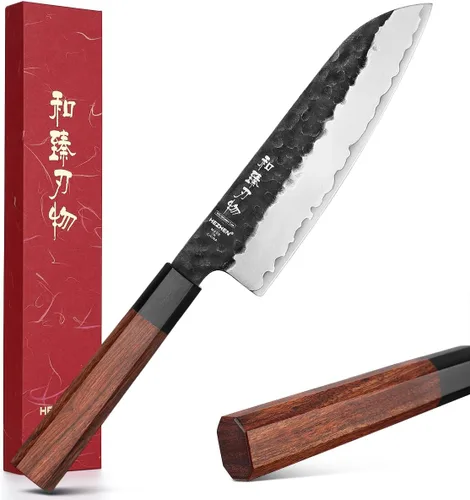 Vista 19 de Juego de cuchillos de cocina 4 piezas, cuchillo de chef de acero revestido Nakiri forjado Santoku, mango octogonal de madera