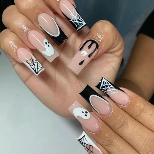 Vista 9 de 24 uñas postizas cortas de Halloween a presión, uñas postizas brillantes para Halloween, uñas postizas cuadradas de fantasma, uñas postizas color11