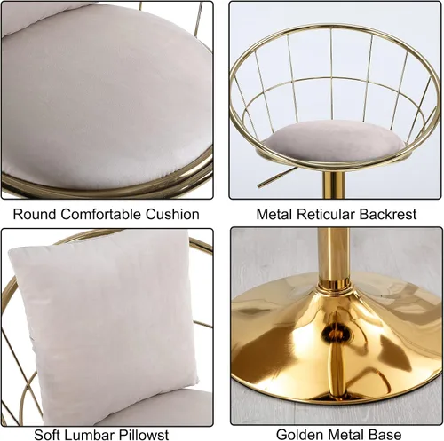 Vista 20 de Taburetes de bar giratorios de terciopelo con respaldo bajo y reposapiés, taburetes de bar ajustables con almohada, taburete de bar dorado de lujo