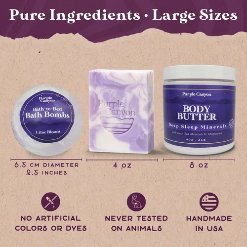 Vista 3 de Purple Canyon Caja de regalo de 6 piezas de lavanda para baño a cama Bombas de baño, jabón y mantequilla corporal infundidas con magnesio