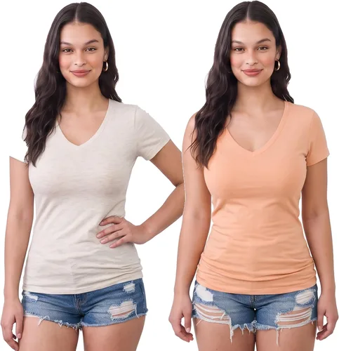 Vista 14 de Emmalise Camiseta de manga corta para mujer, cuello en V, tallas junior y plus