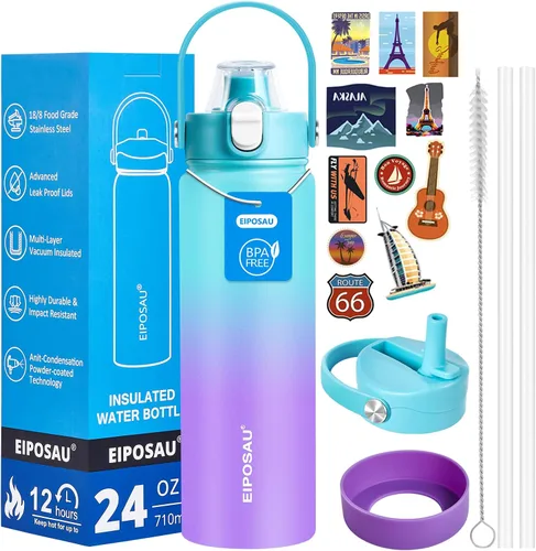 Vista 17 de Botella de agua aislada con tapa, bota y calcomanías, botella de acero inoxidable de 24 onzas, sin sudor, mantiene el frío las 24 horas, botella