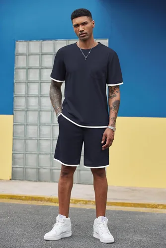 Vista 61 de COOFANDY Conjunto de camisa y pantalones cortos de gofre para hombre, conjunto de 2 piezas, conjunto casual de verano con bolsillos