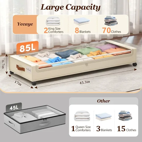 Vista 2 de Yecaye Almacenamiento debajo de la cama con ruedas, paquete de 2, contenedores de almacenamiento extra grandes de 85 L debajo de la cama con marco