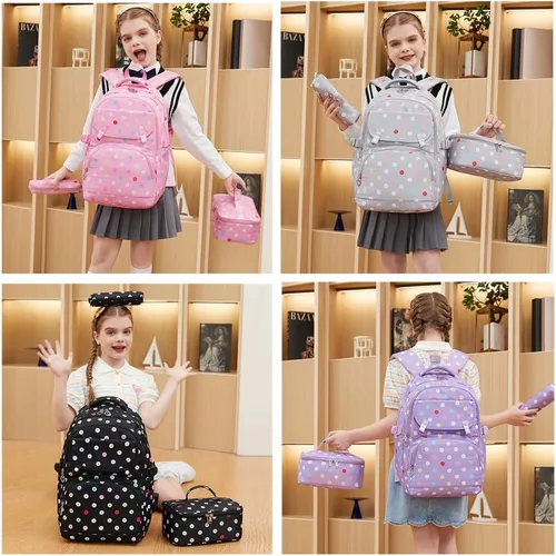 Vista 6 de Armbq Mochilas con estampado de lunares para niñas con lonchera, juego de mochila escolar para adolescentes, E-Negro, Estampado De Lunares E