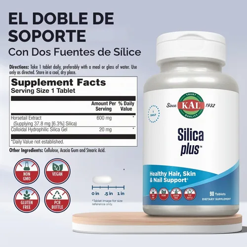 Vista 3 de KAL Silica Plus, Gel de Sílice con Extracto de Cola de Caballo, Apoyo para Cabello, Piel y Uñas Saludables, Máxima Absorción, Cabello Vibrante, Piel