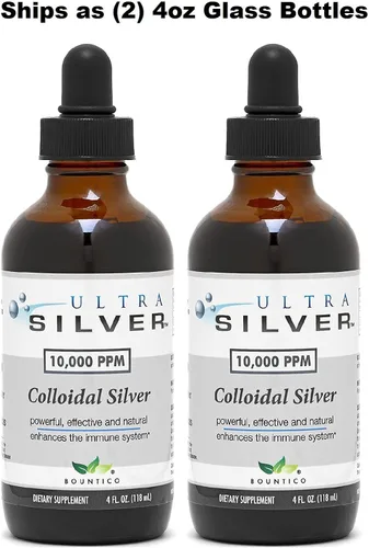 Vista 2 de Ultra Silver® Plata coloidal 10,000 PPM, 8 onzas (8.0 fl oz) Se envía como (2) botellas de vidrio de 4 onzas Suplemento mineral Plata