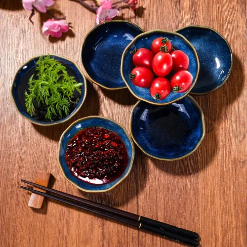 Vista 4 de Juego de 6 platos de cerámica para salsa de soja para condimentos de sushi (horno azul)