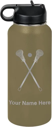 Vista 21 de LaserGram Botella de agua personalizada, palitos de lacrosse, acero inoxidable de doble pared aislada al vacío con popote superior, regalo grabado