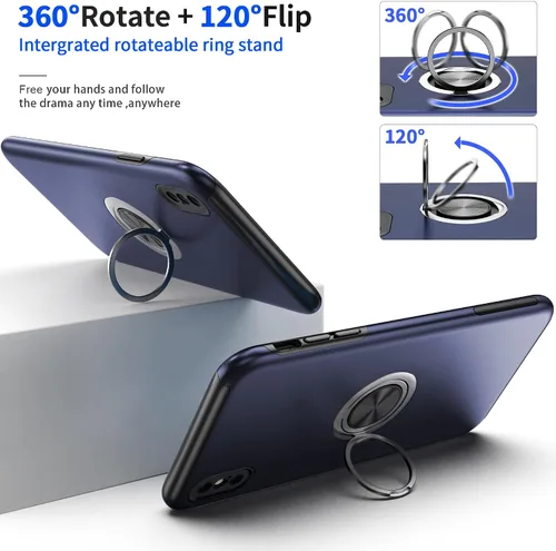 Vista 3 de Funda compatible con iPhone Xs Max con protector de pantalla de vidrio templado, funda híbrida 2 en 1, de ajuste delgado, con anillo magnético Azul