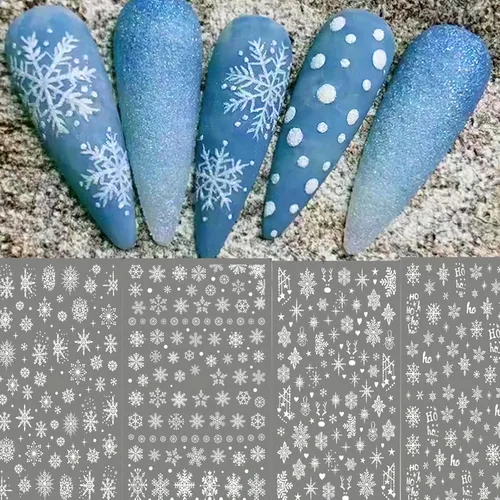 Vista 7 de Calcomanías de uñas de copos de nieve, 4 hojas 5D en relieve de Navidad, calcomanías de uñas de copo de nieve con purpurina blanca, calcomanías