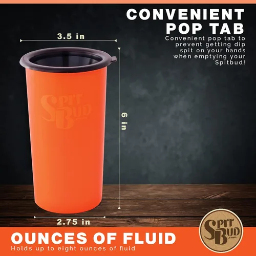 Vista 7 de Spit Bud Escupidera Original Hunter Naranja para Masticar - Taza Portátil con Tapa, Aleta de Apertura, Embudo a Prueba de Derrames - Se Adapta a