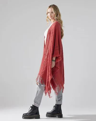Vista 3 de noflik Women's Fringed Ruana Poncho Shawl Sweater Cardigan